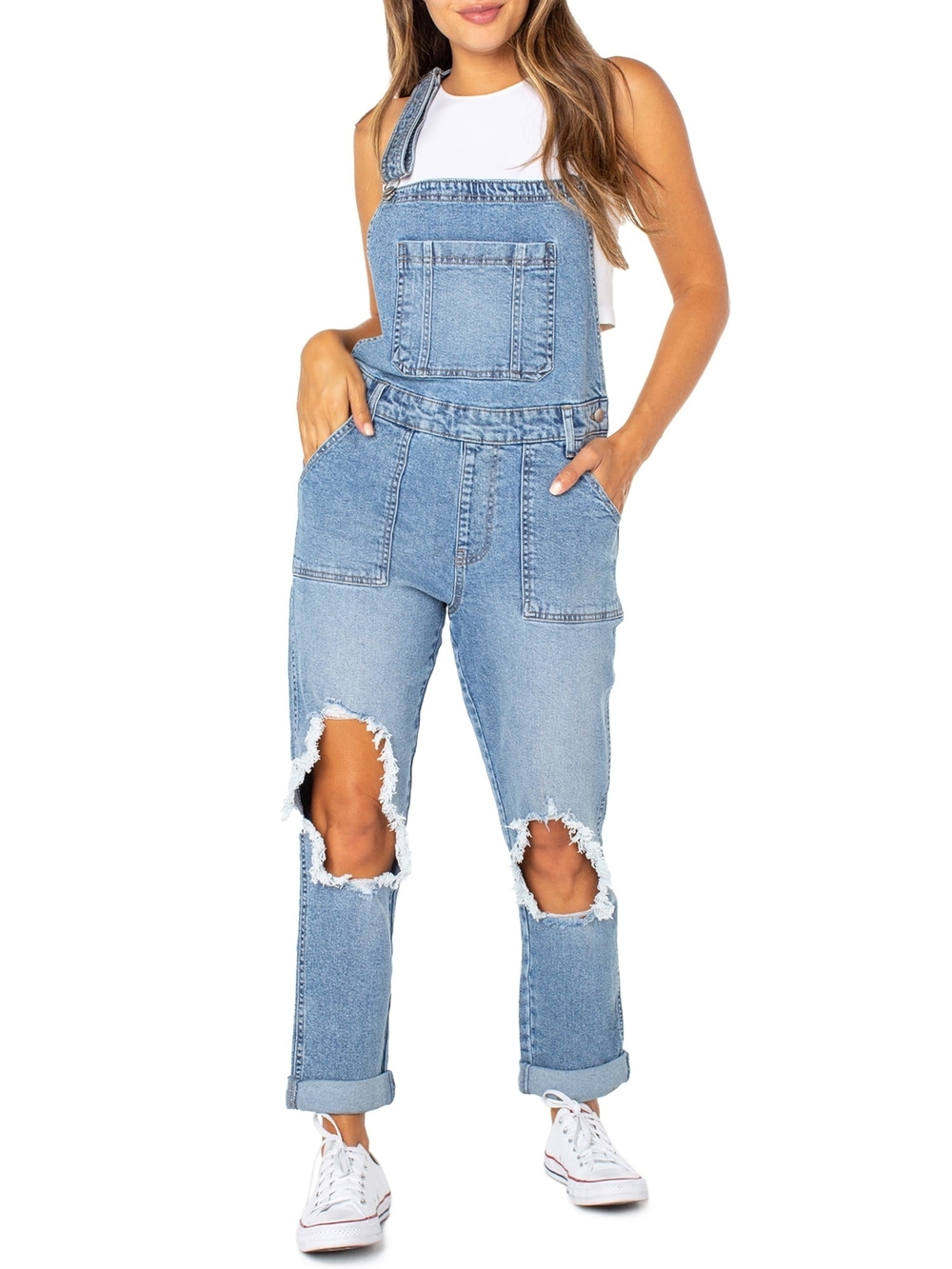Ripped Light Blue Denim Overalls for Women